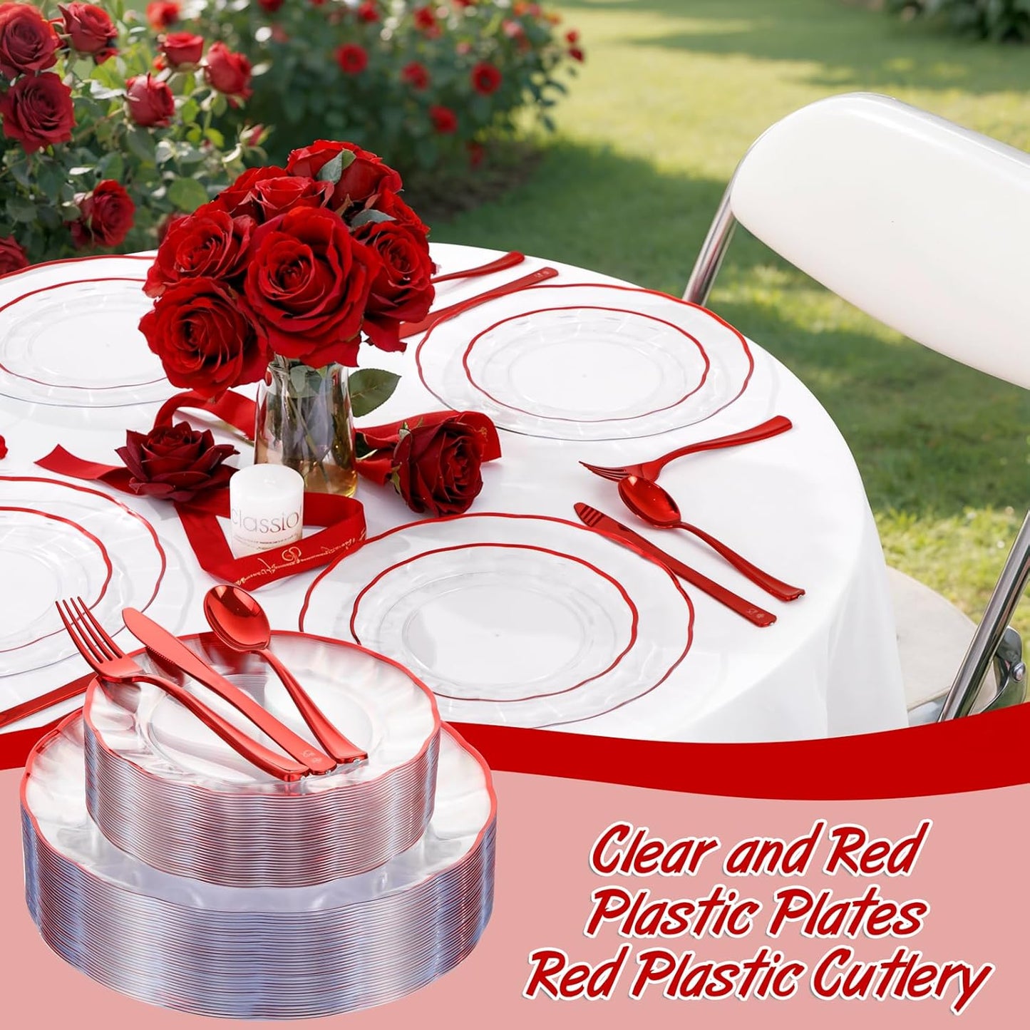 EI 150pcs Clear and Red Plastic Plates,Plastic Plates and sliverware,Clear Disposable Party Dinnerware Set for 30 Guests,Red Wavy Petal Edge Disposable Dinnerware Set for Wedding,Showers,Birthdays.