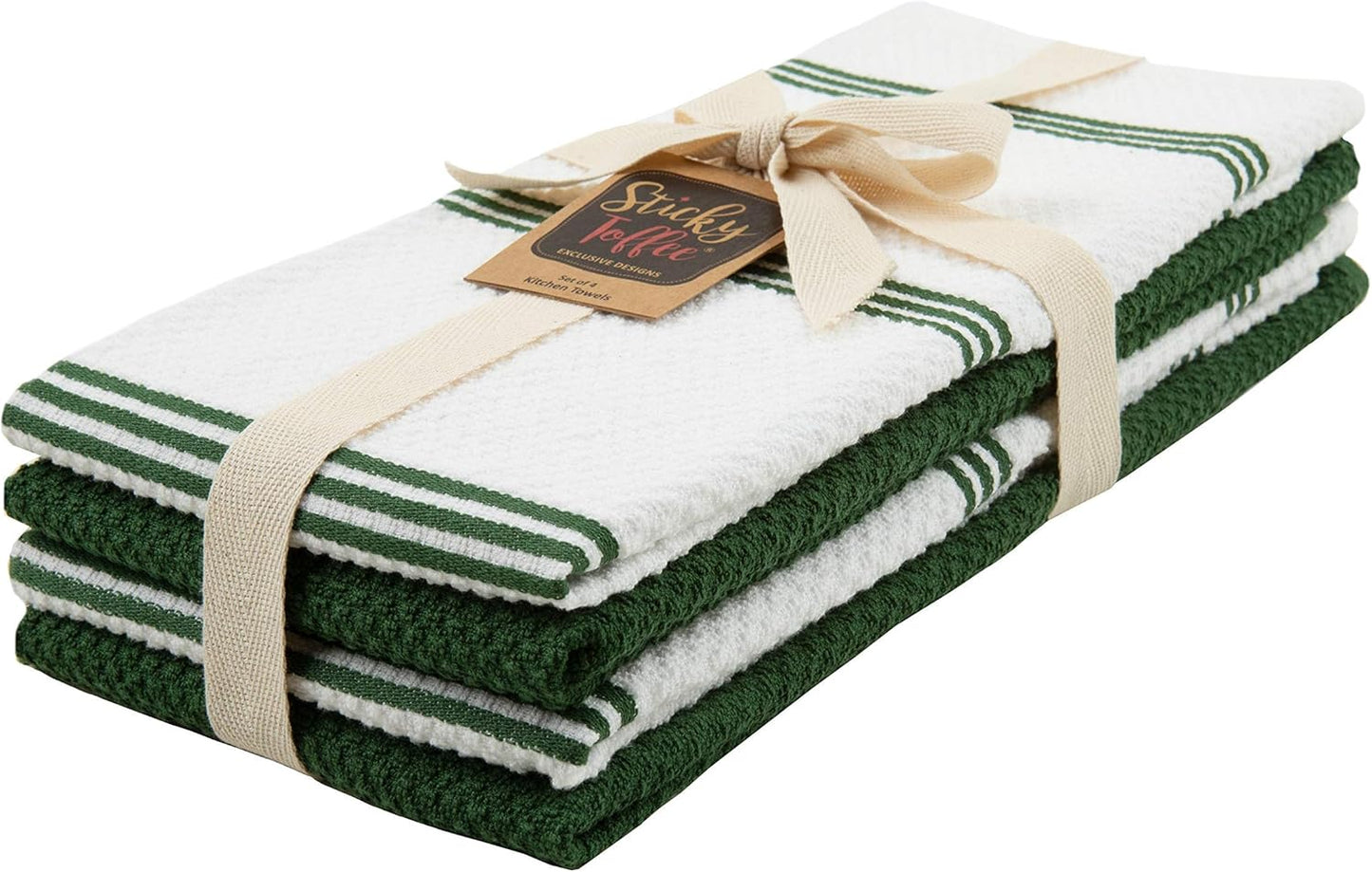 Sticky Toffee Cotton Kitchen Towels Set of 4 – 28x16 in Dark Green and White Dish Towels, Reusable and Absorbent Tea Towels for Cleaning or Drying, Oeko-Tex Cotton