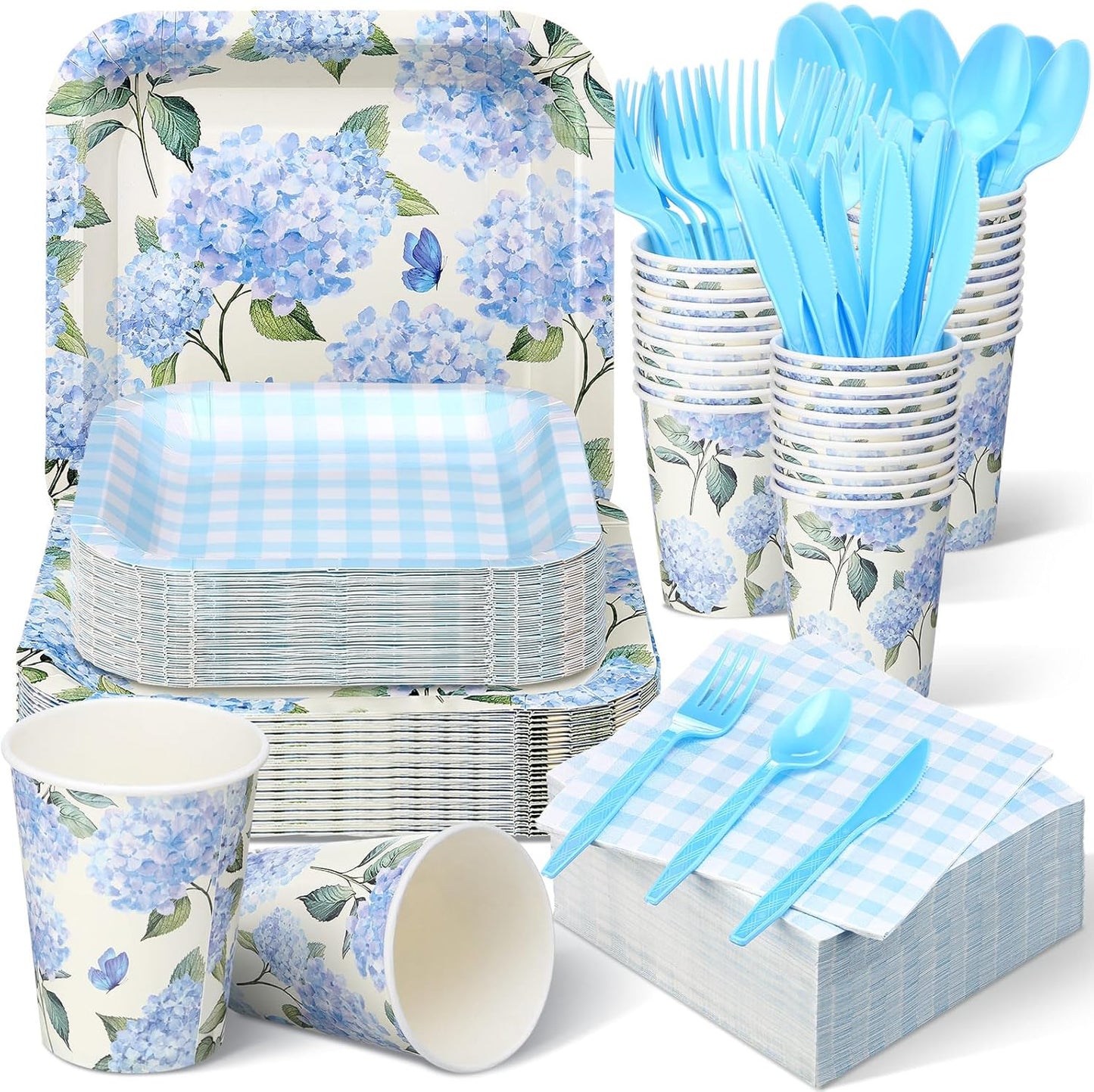 350 Pcs Paper Plates and Napkins Set Disposable Dinnerware Party Supplies Tableware Serve 50 Guest Cups Knife Forks Spoon(Blue,Hydrangea Floral)