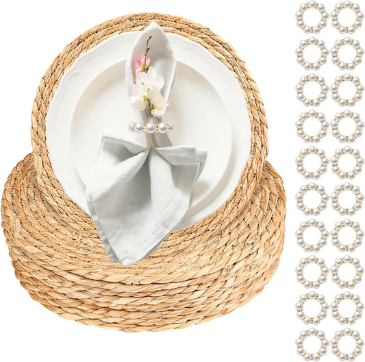 20 Pcs 12 Inch Round Woven Placemats with 20pcs Pearl Napkin Rings，Rattan Placemats Bulk Boho Woven Chargers Natural Water Hyacinth Place Mat for Wedding Party, Dinner Table