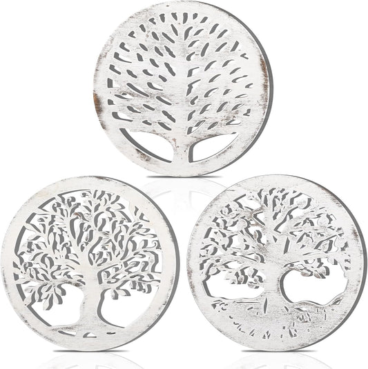 3 Pcs Life Tree Wooden Trivets for Hot Dishes 8 Rustic Round Tree Trivet Set Hot Plate Holders Heat Resistant Polite Trees Coasters for Table Dishes Pots and Pans(White)