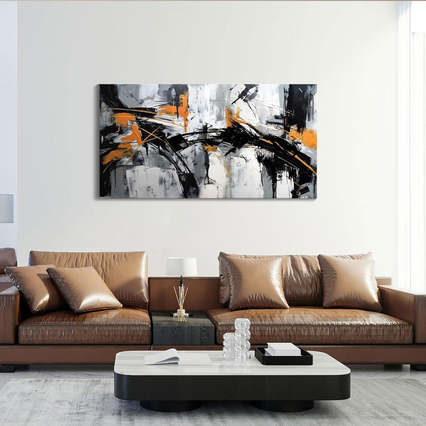 Black Abstract Canvas Wall Art Elegant and Modern Orange Wall Art for Living Room - Canvas Wall Decor for Office and Home - Large Framed Artwork for Walls , White, Gray and Unique Orange Accents 48×24in