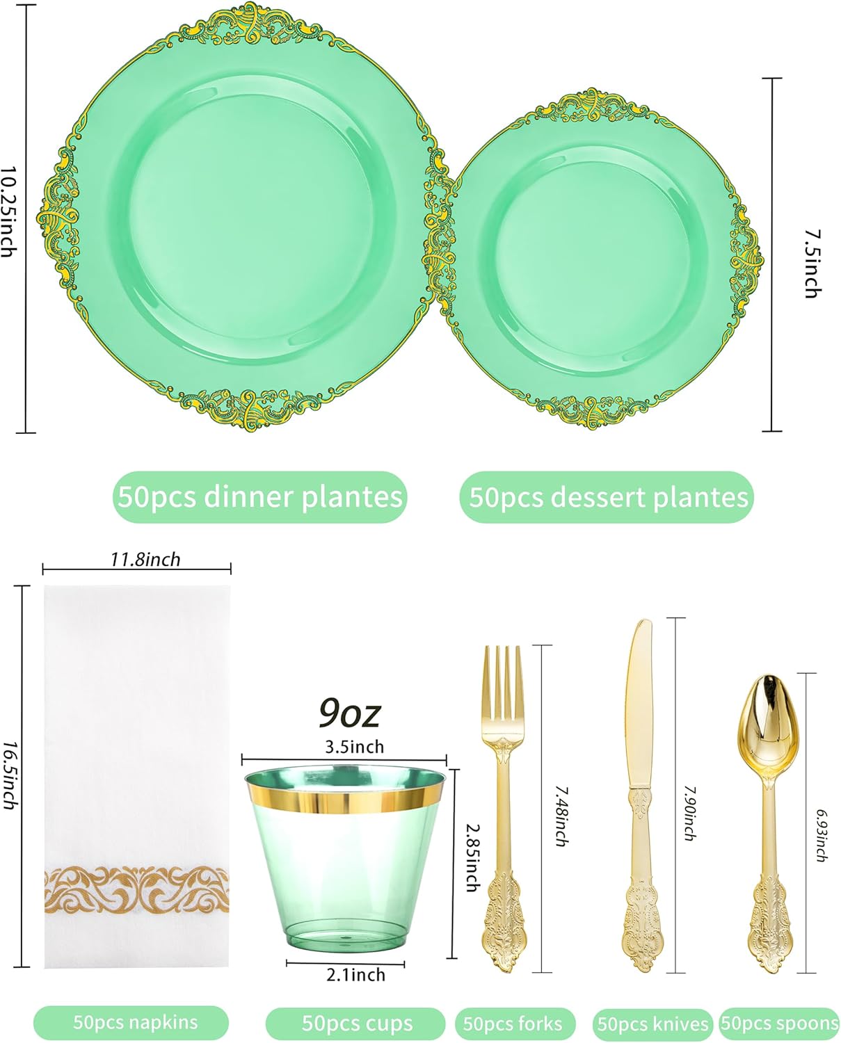 Hioasis 350pcs Clear Green Plastic Plates - Elegant Disposable Dinnerware Set Suitable for 50 Guests Include 10.25" Dinner & 7.5" Dessert Plates, Cutlery, Napkins, Cups for Party & Wedding