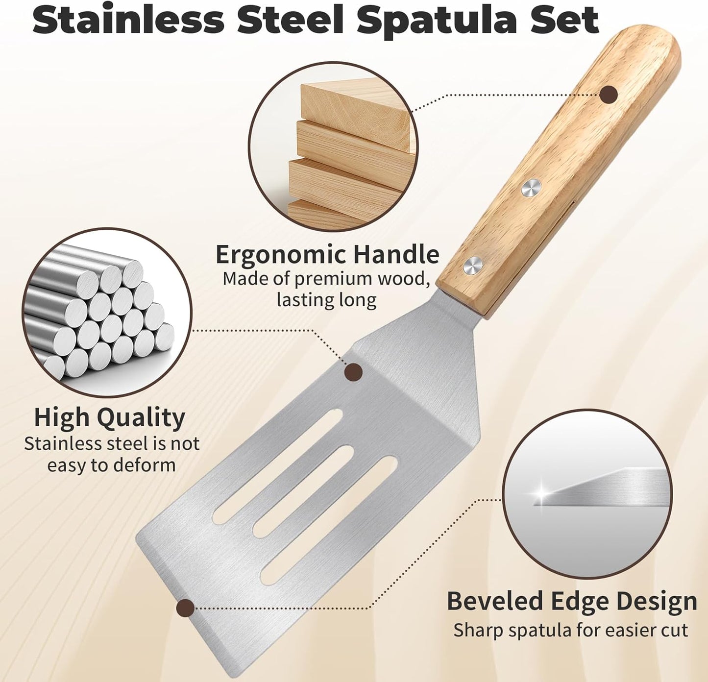 3 Pieces Stainless Steel Spatula Set,Metal Spatula for Cast Iron Skillet,Metal Spatula for Cooking with Wooden Handle,Metal Spatulas for kitchen use for Pancakes,Frying steak,Burger and Desserts