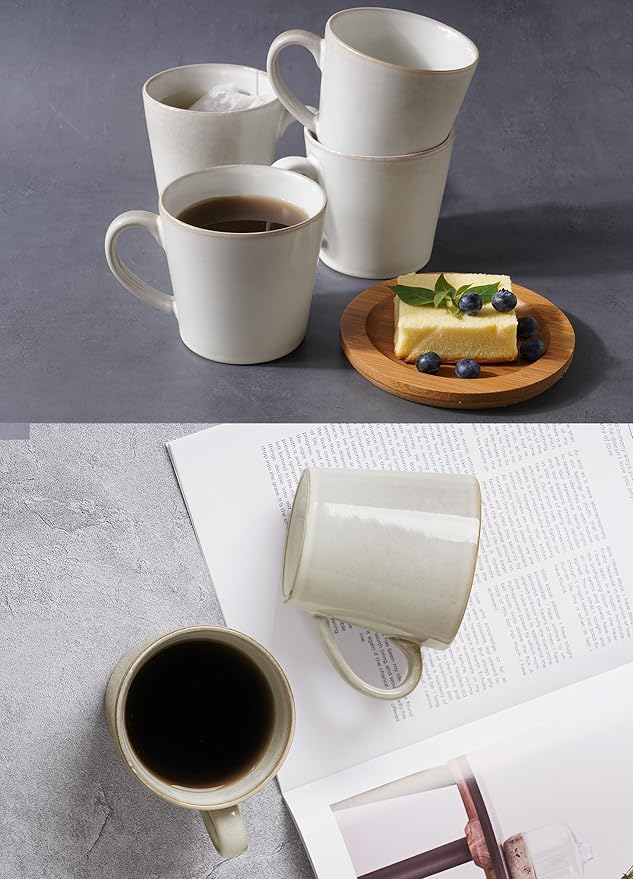 famiware Coffee Mug Set of 4, Annecy 14 oz Ceramic Reusable Cups Set with Handle, Microwavable and Dishwasherable Stoneware Drinkware Set for Tea, Milk, Water, Grey-white