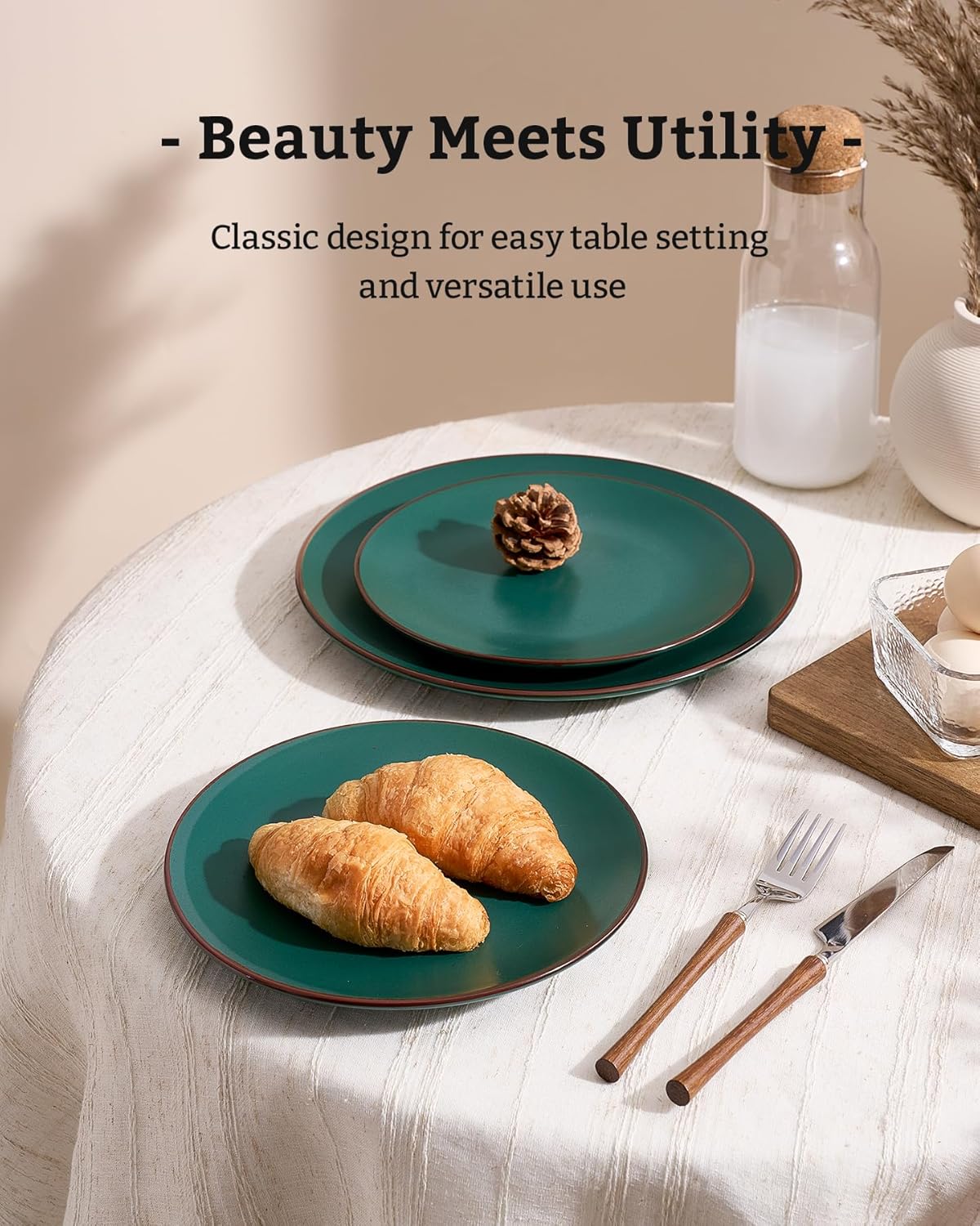 Famiware Venus Plates and Bowls Sets, 18 Pieces Stoneware Dinnerware Sets, Speckled Dishes Set for 6, Microwave and Dishwasher Safe, Matte Dark Green