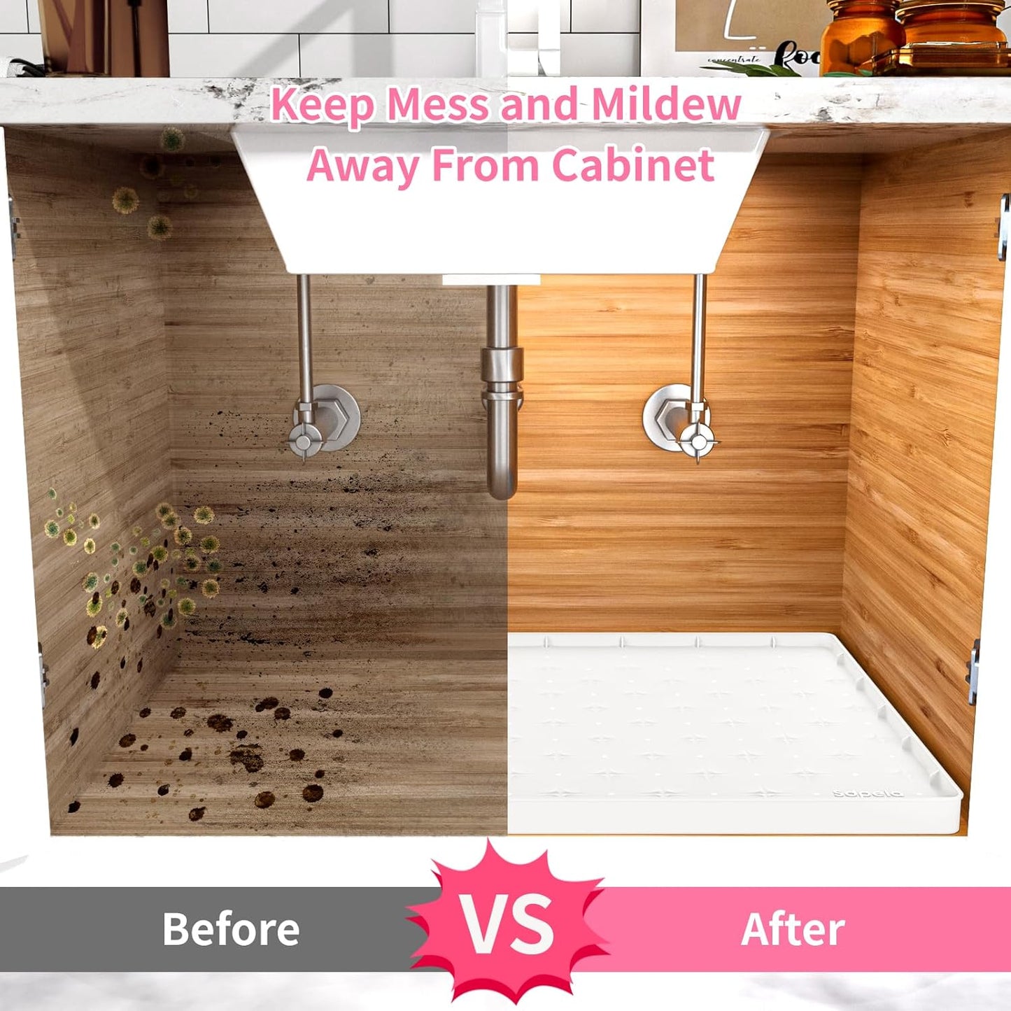 Sdpeia Under Sink Mat 34"×22" – Waterproof Silicone Cabinet Liner & Sink Protector for Kitchen & Bathroom, Multi-Purpose Organizers Tray for Pets, Laundry, Cat Litter Mat, White