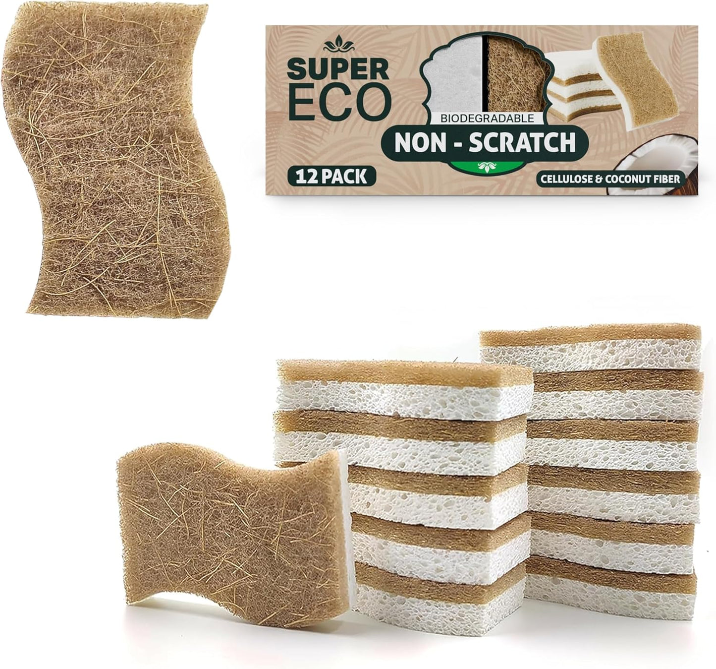 Natural Kitchen Sponges Pack of 12 - Biodegradable Compostable Cellulose & Coconut Scrubber Sponge with Non-Scratch - Long Lasting, Eco Friendly Sponges for Dishes, Heavy Duty Dish Scrubber