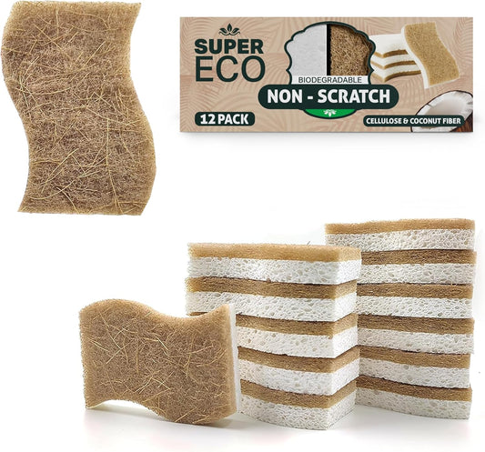Natural Kitchen Sponges Pack of 12 - Biodegradable Compostable Cellulose & Coconut Scrubber Sponge with Non-Scratch - Long Lasting, Eco Friendly Sponges for Dishes, Heavy Duty Dish Scrubber