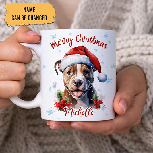 Hyturtle Personalized Gifts Dog Lover - Pitbull Merry Christmas Custom Name Ceramic Coffee Mug Cup 11oz - Cute Animal Lovers Gifts For Women, Girl kids Family On Birthday, Christmas