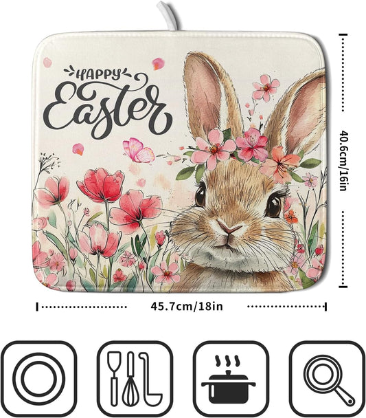 Easter Bunny Dish Drying Mats 16x18 Inch,Cute Rabbit Flowers Absorbent Microfiber Dishes Drainer Rack Mat Quick Dry Drying Pad for Countertop Sink Bar Utensils Holiday Decor
