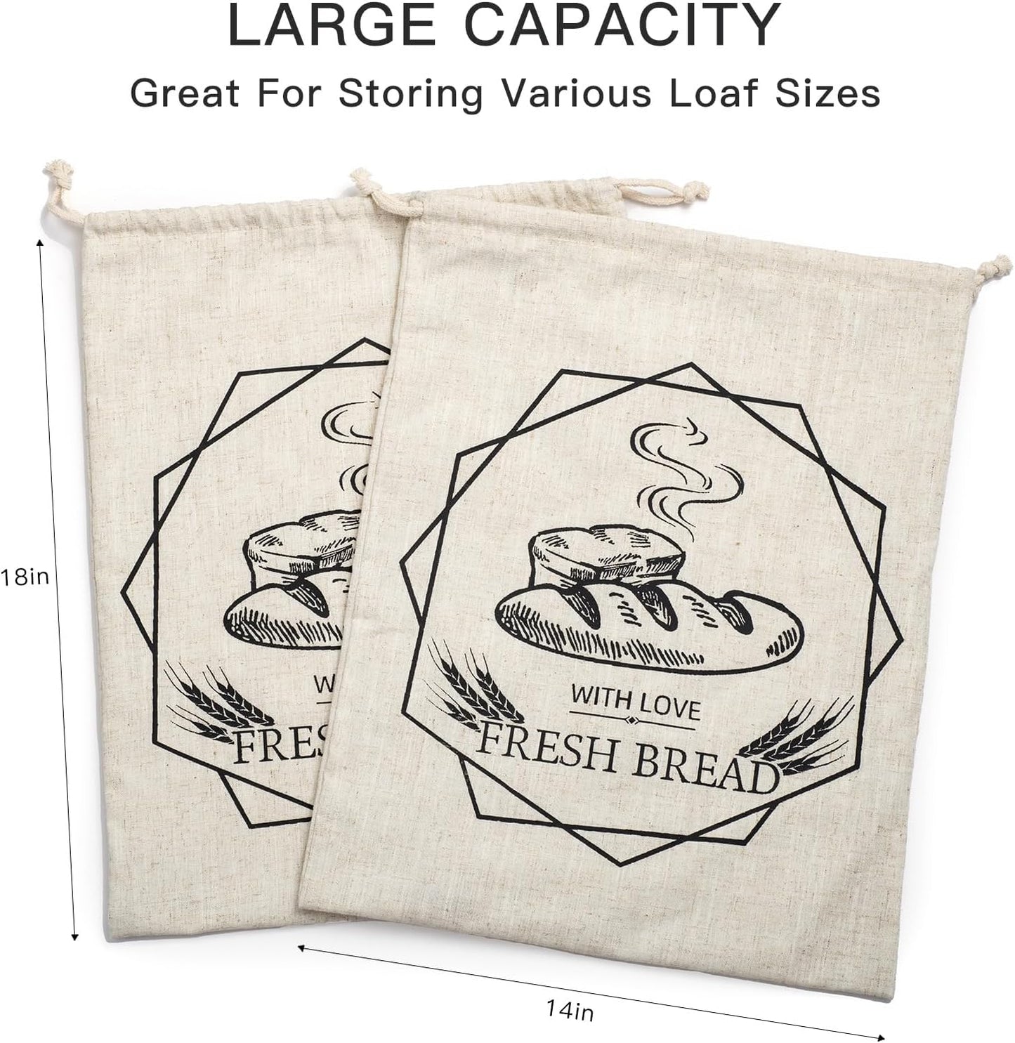 Bread Bags for Homemade Bread,2 Pack Large Sourdough cookies Bags,reusable Linen muffins bag,cloth loaves container for kitchen fresh loaf Storage,with Drawstring Lining Homemade food storage bags