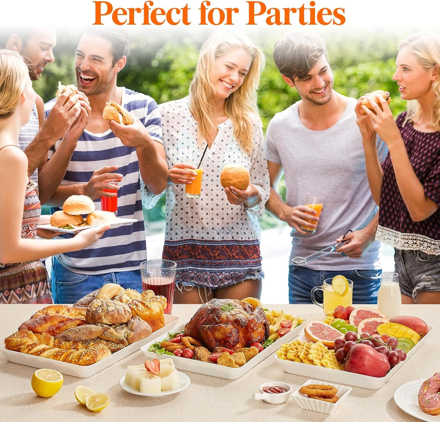 Lifewit Plastic Serving Tray for Party Supplies, 15" x 10" White Trays for Serving Food, Reusable Large Platter for Buffet, Fruit, Dessert, Snack, Veggie, Kitchen and Outdoor Use, Rectangle, 2 Pcs