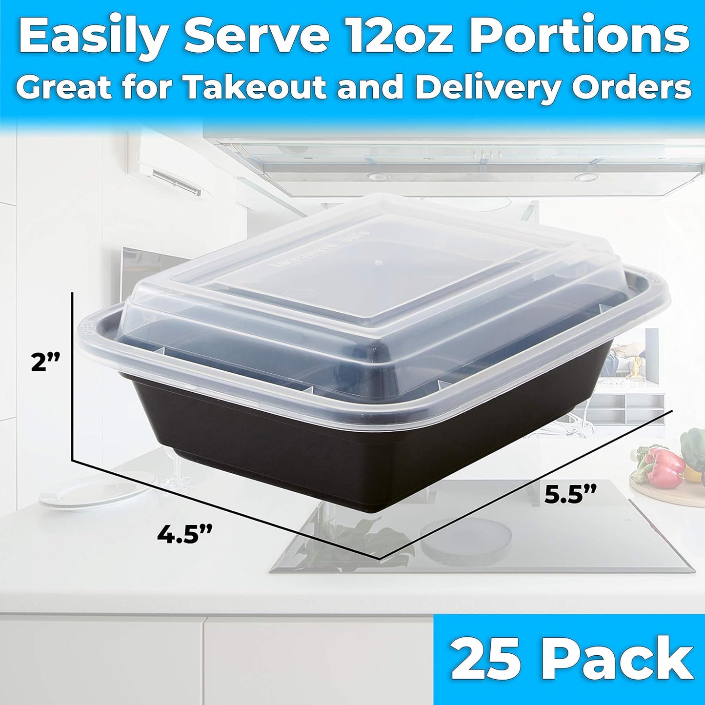 Durable Food Storage Container, Commercial Grade, BPA Free Plastic Containers with Lids, 25ct, Recyclable, Leakproof, Microwavable Portion Container for To-Go Orders, Food Prep and Storage, 12 ounce
