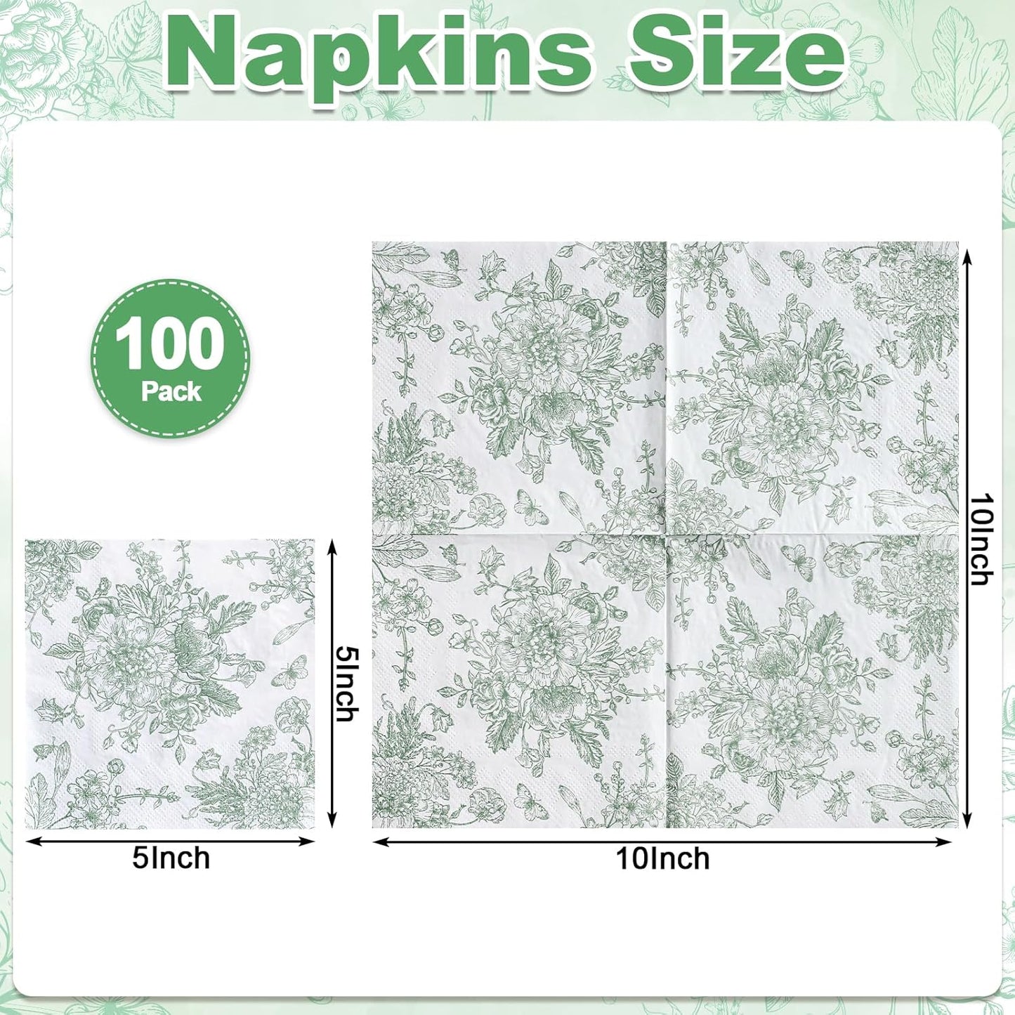 100 Pcs Sage Green Floral Napkins, Green and White Toile Napkins Vintage Flower Butterfly Design Chinoiserie Decorative Cute Napkin for Bridal Baby Shower, Wedding, Tea Party, 5 x 5 Inch