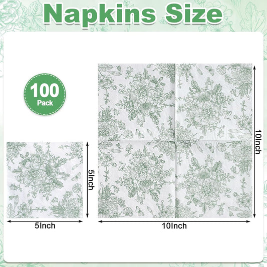 100 Pcs Sage Green Floral Napkins, Green and White Toile Napkins Vintage Flower Butterfly Design Chinoiserie Decorative Cute Napkin for Bridal Baby Shower, Wedding, Tea Party, 5 x 5 Inch