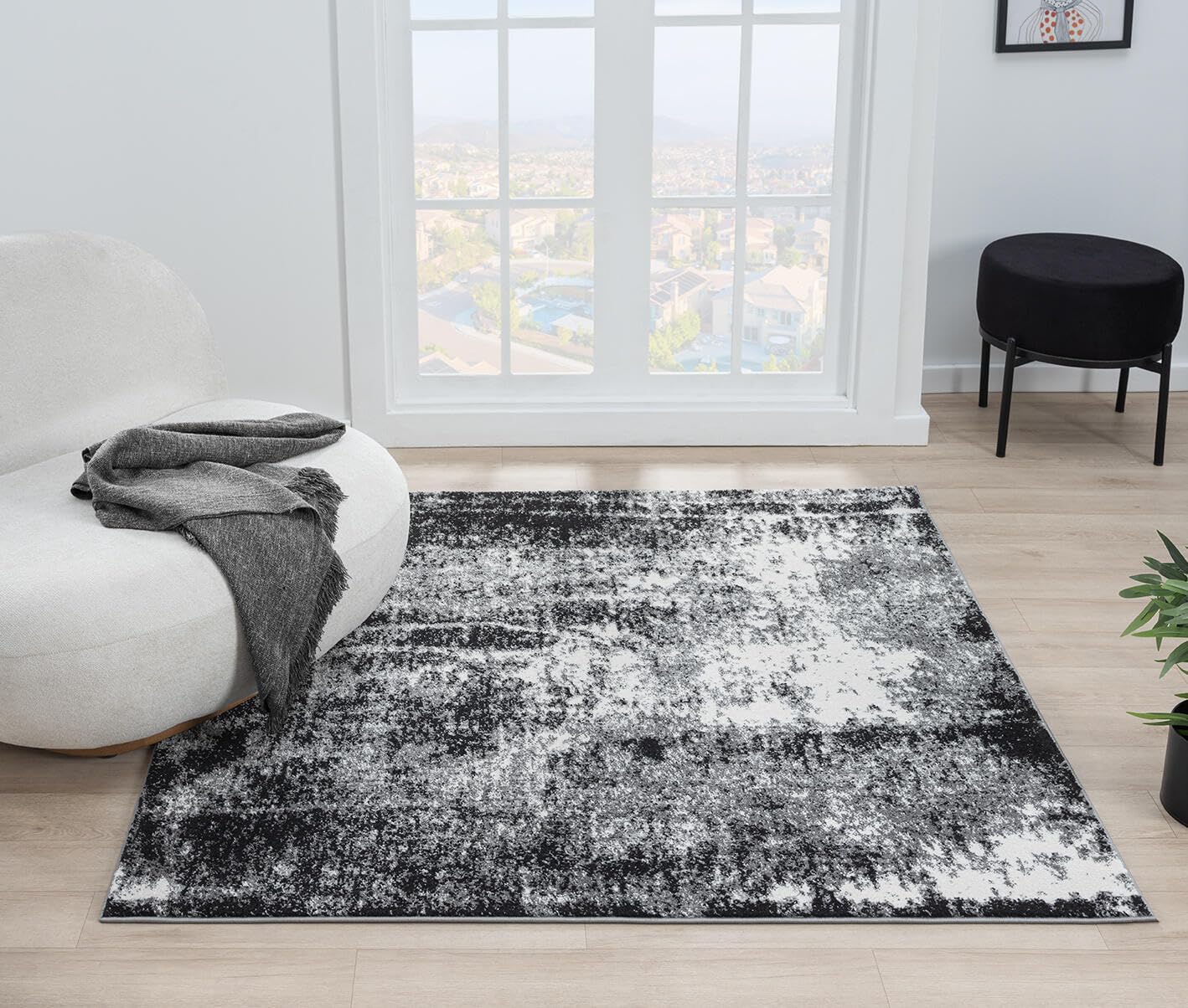 Keen Home Design Area Rugs - 8ft Round Non-Shedding, Abstract Rugs for Kitchen, Living Room, Bedroom, Dining Room, Entryway - Size: 7'10" Square, Abstract Black