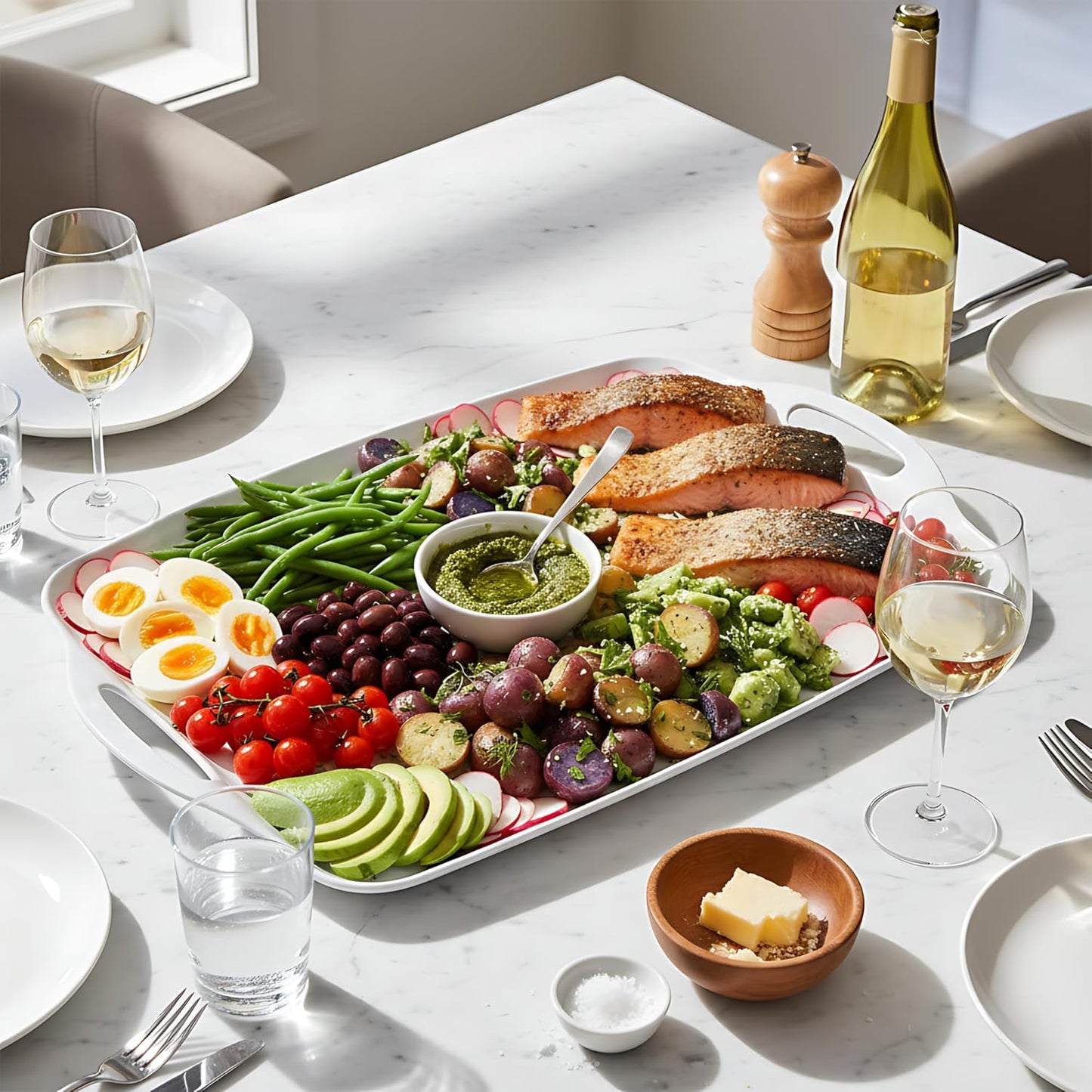 TP Serving Trays with Handles, 17 Inch Large Rectangular Melamine Serving Platter Set of 2, Pure White