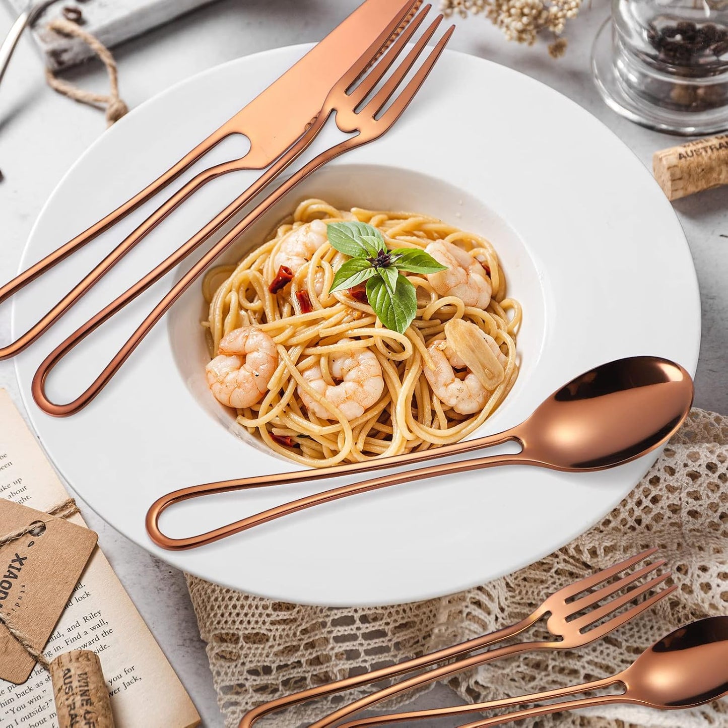 Flatware Set 4 Copper/Rose Gold Silverware Hollow Out Handles 20 Piece Stainless Steel Cutlery Modern Tableware Eating Utensils for Home Dinner Parties Wedding Festival Everyday Use