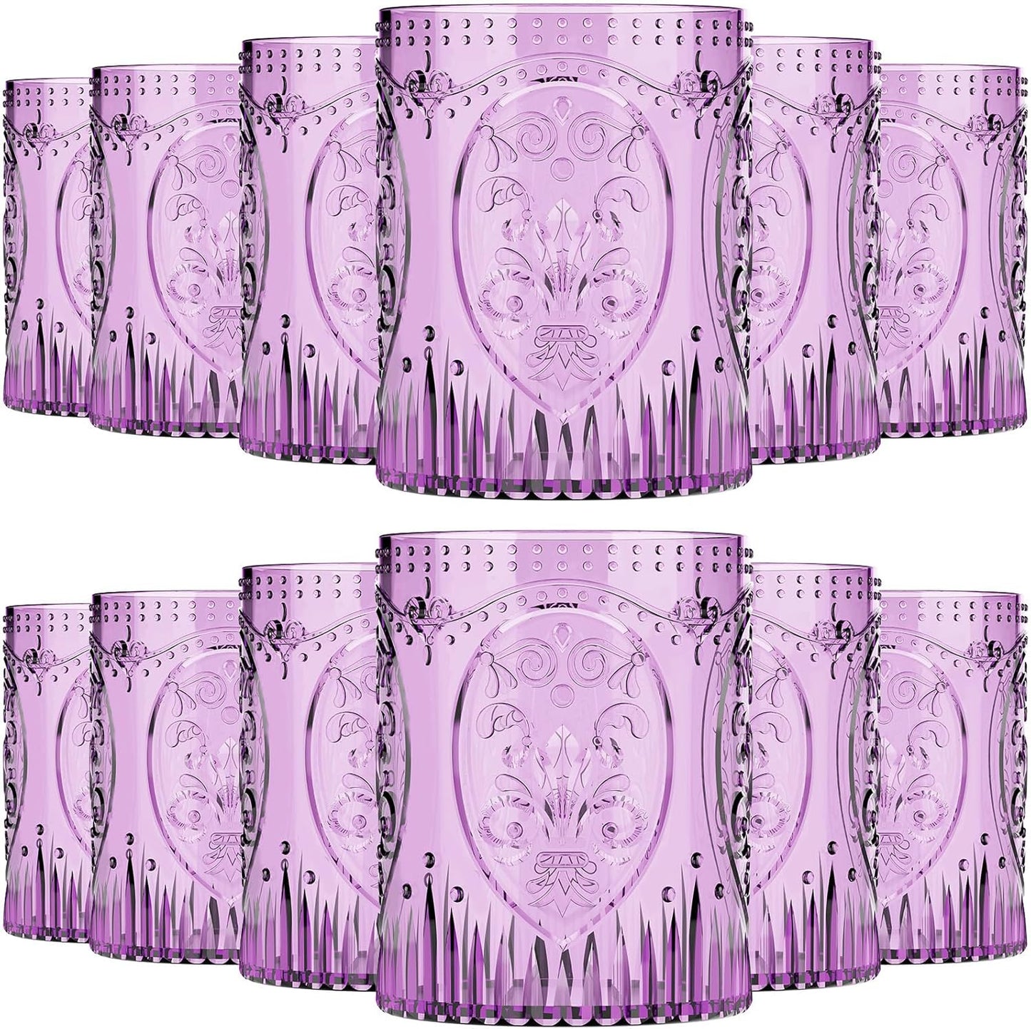 12 Plastic Vintage Drinking Glasses 8.5oz Stemless Retro Embossed Wine Glasses Shatterproof Reusable Cups for Baby Shower Wedding Reception Grand Event Party (Purple)