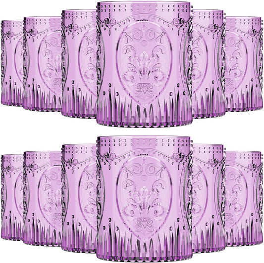 12 Plastic Vintage Drinking Glasses 8.5oz Stemless Retro Embossed Wine Glasses Shatterproof Reusable Cups for Baby Shower Wedding Reception Grand Event Party (Purple)