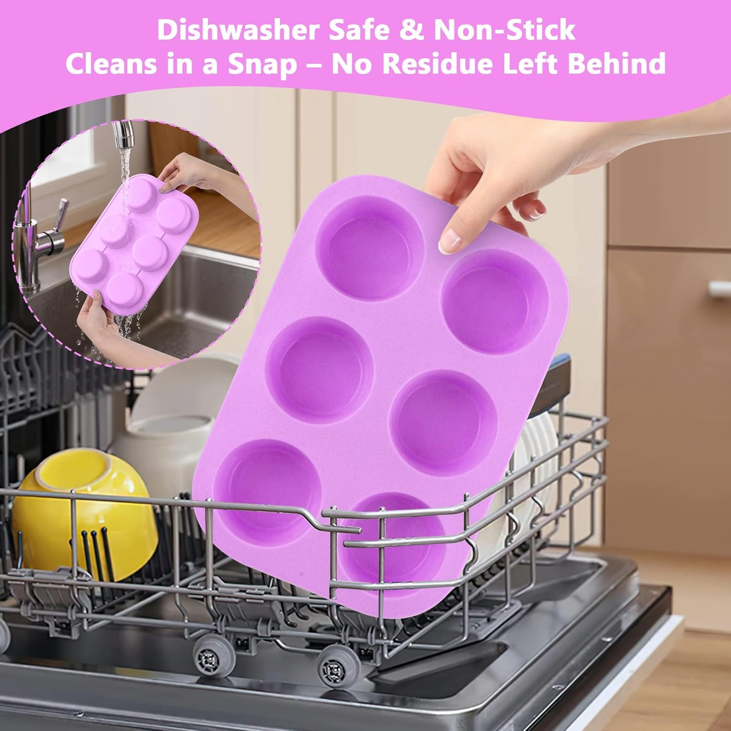 3-Pack 6-Cup Silicone Muffin Pans, Nonstick Cupcake Baking Molds, Muffin Cupcake Pans Molds for Baking, BPA/PFA-Free, Dishwasher & Oven Safe - Purple