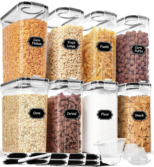 Cereal Containers Storage Set (4L / 135.2oz), 8PCS Airtight Food Storage Containers with Lids, Cereal Dispensers for Kitchen Pantry Organization and Storage with Pour Spout, 20 Labels, Marker