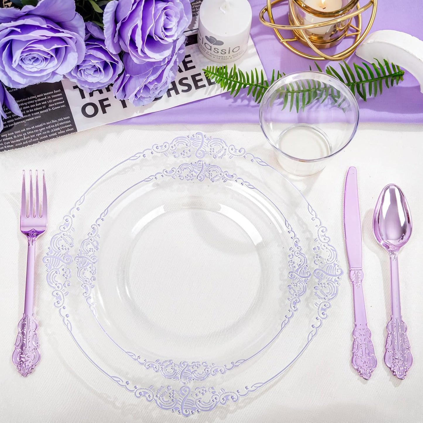 Hioasis 175pcs Clear Purple Plastic Plates - Elegant Disposable Dinnerware Set Suitable for 25 Guests Include 10.25" Dinner & 7.5" Dessert Plates, Pre Rolled Silverware Set, Cups for Party & Wedding
