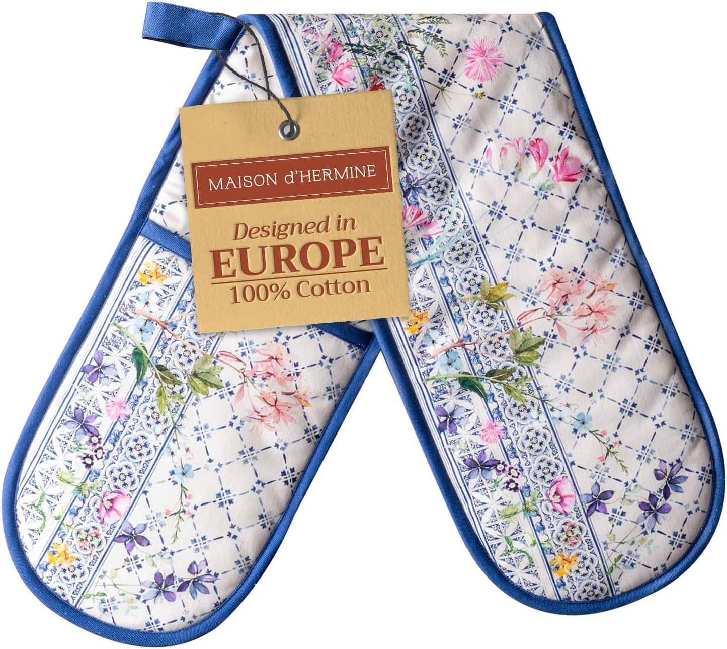 Maison d' Hermine Double Oven Mitts 100% Cotton 7"x35" Double Oven Mitt Heat Resistant BBQ Cooking Gloves with Loop, Baking, Grilling, Home, Kitchen, Handling Hot Pans Spring Summer (Faience)