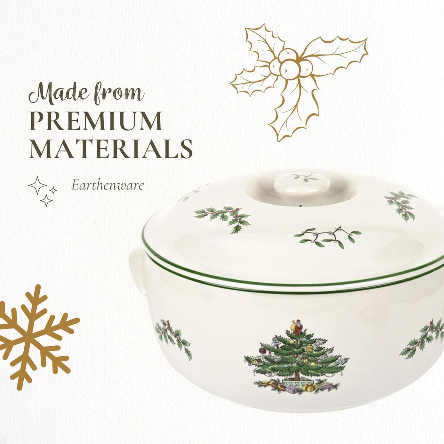 Spode Christmas Tree Round Covered Deep Casserole Dish (8.75" x 5") - Festive Holiday Serveware & Vintage Christmas Table Centerpiece - Fine Earthenware Classic Holiday Bakeware