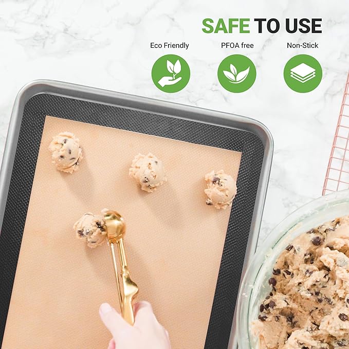 Nutrichef Silicone Baking Mats - 2 Non-stick Food-Grade Reusable Silicone Mats - Perfect for Half Baking Pans 16.5 x 11.6 IN - Oven-Safe Up to 480 Degrees F - Safe for Ovens & Dishwashers - Black