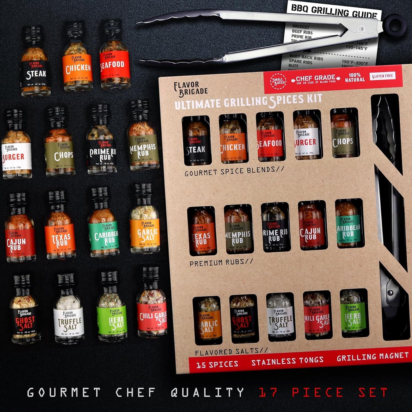 Ultimate Grilling Gift for Men - BBQ Accessories - Gourmet Spice Blends & Seasonings, Tongs, BBQ Magnet, Meat Rubs, Unique Gift for Guys, Dad, Son, Brother, Father in Law, Cooking Chefs, 17 Piece Set