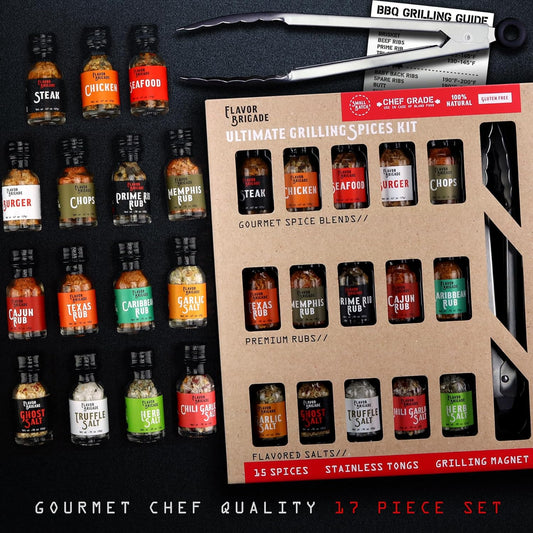 Ultimate Grilling Gift for Men - BBQ Accessories - Gourmet Spice Blends & Seasonings, Tongs, BBQ Magnet, Meat Rubs, Unique Gift for Guys, Dad, Son, Brother, Father in Law, Cooking Chefs, 17 Piece Set