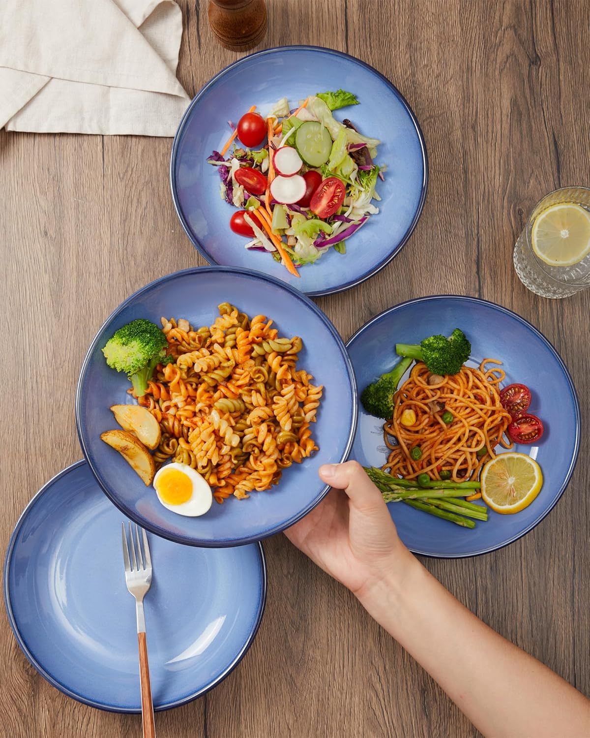 Ceramic Pasta Bowl Set of 4, 32 Oz Large Salad Bowls for Serving, Microwave & Dishwasher Safe Soup Bowls for Kitchen, Light Blue Stoneware Bowl Set