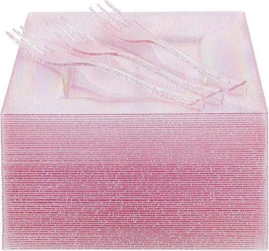 DaYammi 100Pcs Pink Dessert Plates Including 50Pcs Appetizer Plates,50Pcs Plastic Forks,Glitter Square Plate with Cake Fork,pink Disposable plates for Wedding,Plastic Salad Plate for Birthday Party