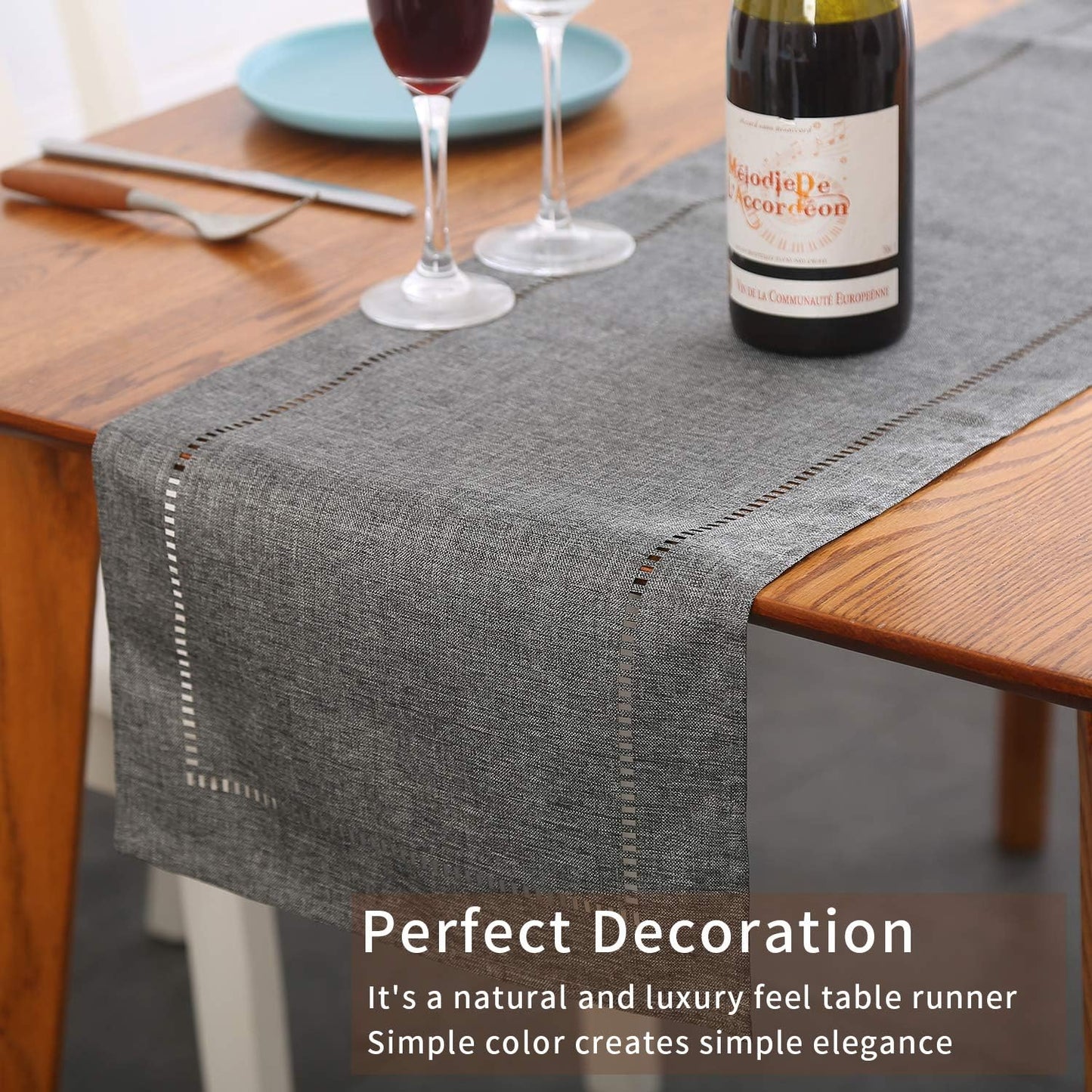 Tosewever Decorative Linen Table Runner Farmhouse Style Tabletop Collection 14 x 108 Inches Table Runners for Everyday Dining Wedding Party Holiday Home Decor (14" x 108", Grey/Straight)