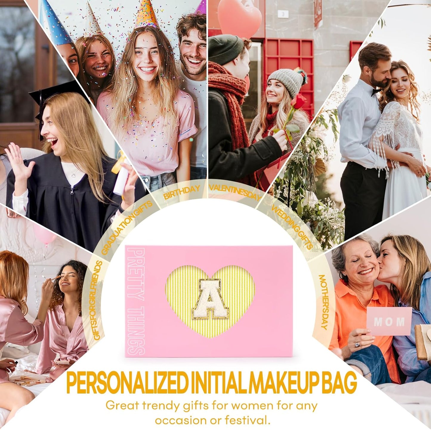 2 PCS Initial Makeup Bags for Women: Cosmetic Bag for Travel Toiletry - Birthday Gifts for 11 12 13 14 15 16 17 18 Years Old Girl Graduation Teacher Gift- Teen Girl Gifts Trendy Stuff - Yellow S