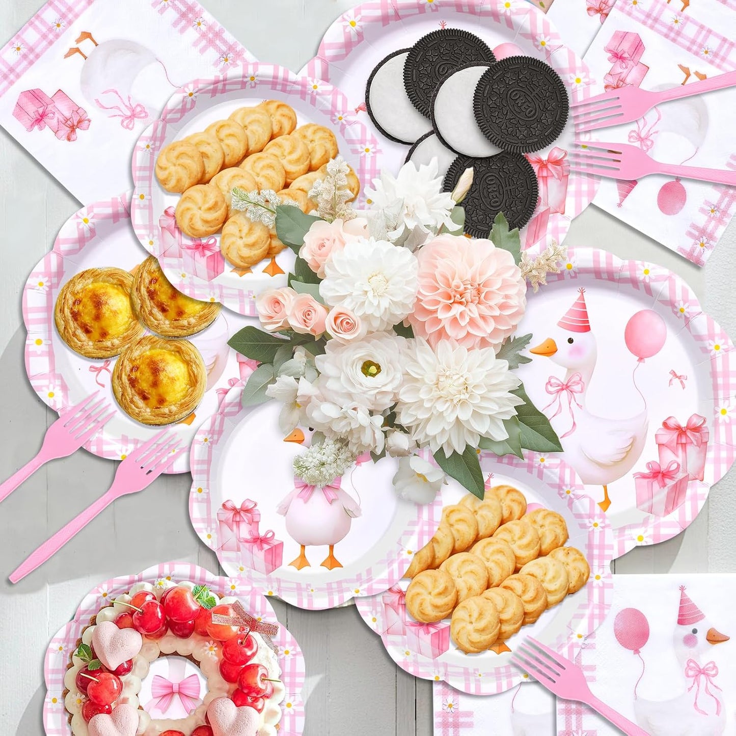 96 Pieces Pink Goose Birthday Tableware Set Party Supplies – Scalloped Animal-Themed Disposable Dinnerware with Paper Plates, Napkins, and Forks for Girls Parties and Baby Showers – Serves 24