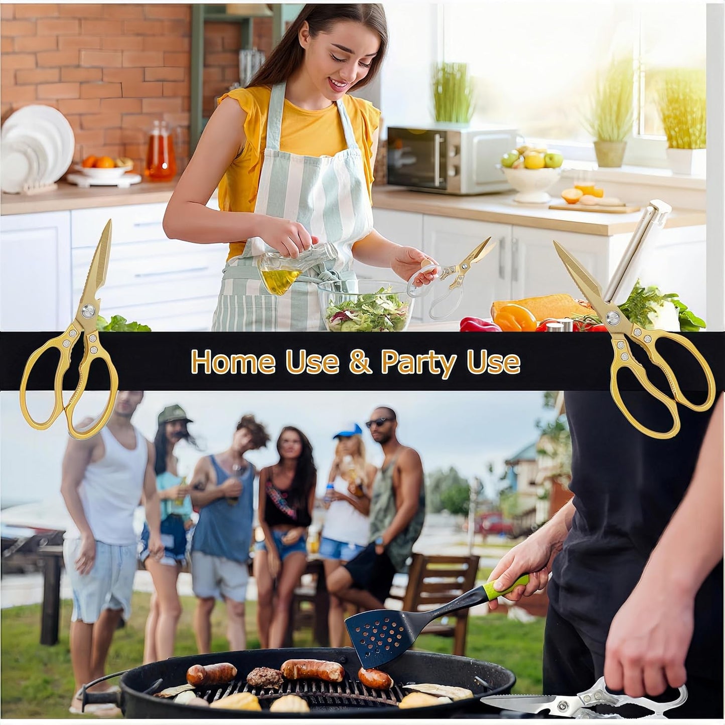 Japanese Gold Kitchen Scissors, Heavy Duty Stainless Steel, Multipurpose Cooking Shears, Dishwasher Safe