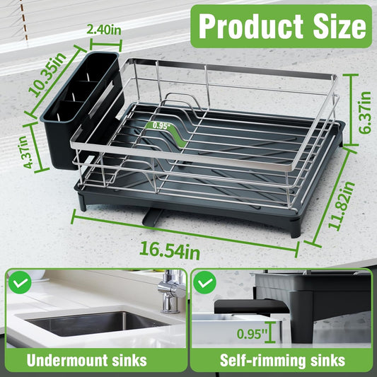 Dish Drying Rack, Large Capacity Dish Drainers for Kitchen Counter with Removeable Cutlery Holder, Rustproof & Sturdy Auto-Drain Multifunctional Organizer for Plates,Cups,knife fork Storage Essentials