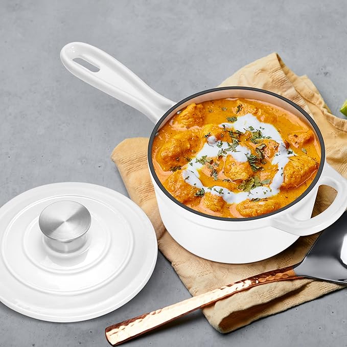 Enameled Cast Iron Sauce Pan with Lid, Leonyo 1 Quart Saucepan with Lid, Heavy Duty Cast Iron Pot Kitchen Cookware for All Cooktops Cooking Pasta Sauce, Soup, Milk - Up to 500°F & 4.4Lbs, White