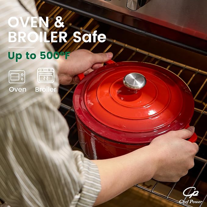 Chef Power Dutch Oven Pot with Lid 5QT, Enameled Cast Iron Dutch Oven for Bread Baking, Braising, Stews, Roasting, Oven Safe Dutch Ovens, Gradient Red