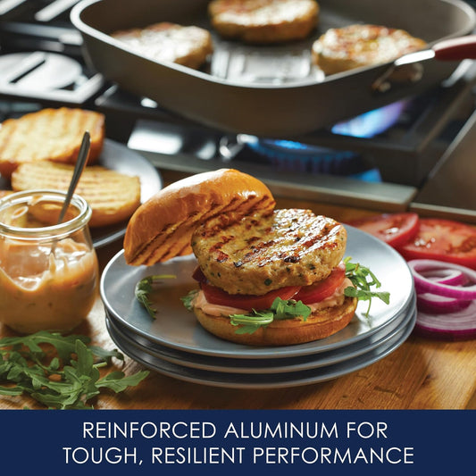 Rachael Ray Cucina Hard-Anodized Nonstick 11-Inch Deep Square Grill Pan, Gray with Cranberry Red Handle - 87632