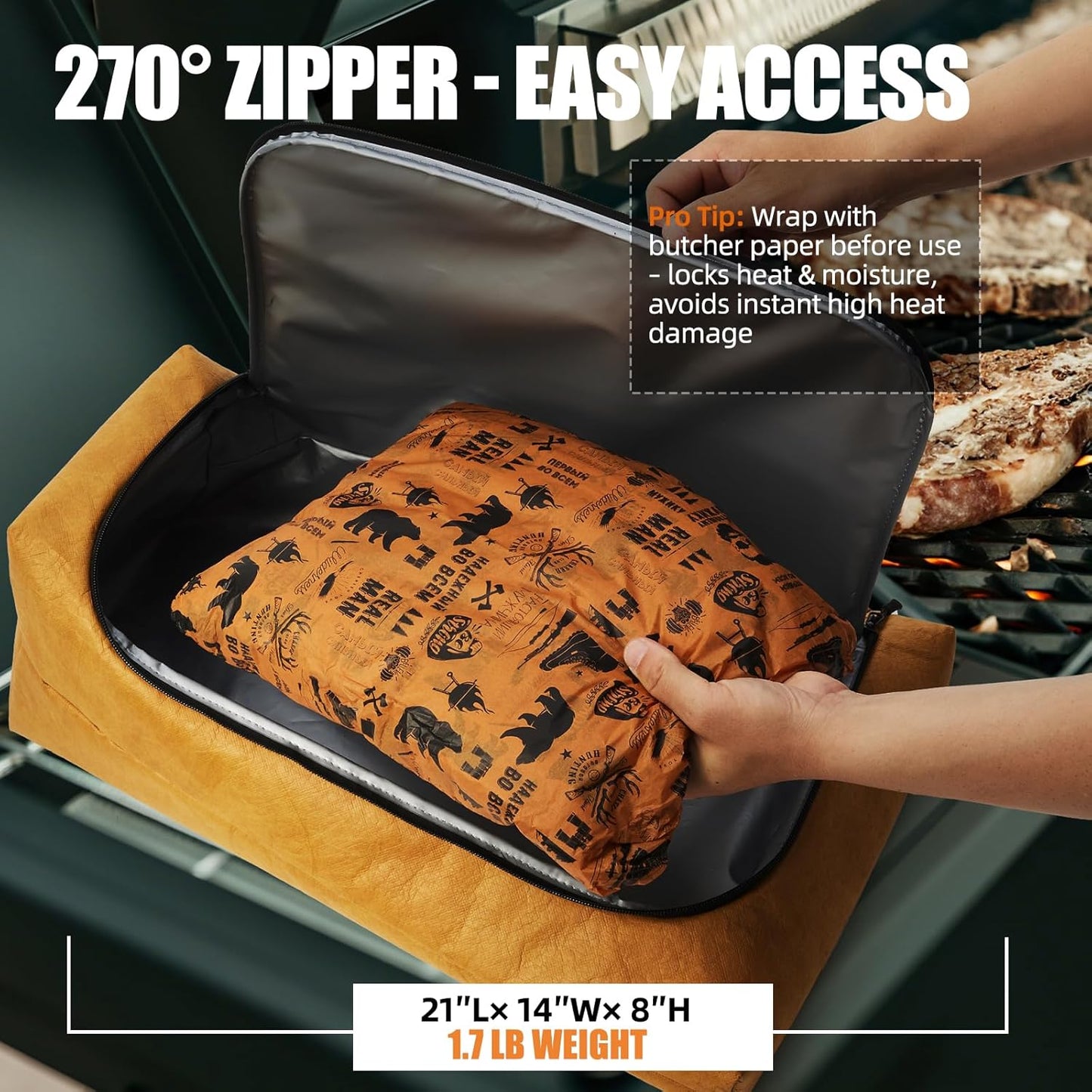 BBQ Blanket for Resting Meat, Leak-Proof & Reusable Insulated Meat Resting Bag, 270° Top Open Design for Large Briskets, Pork Shoulders, Steaks, Meat Smoking Accessories Gifts for Men, BBQ Lovers.