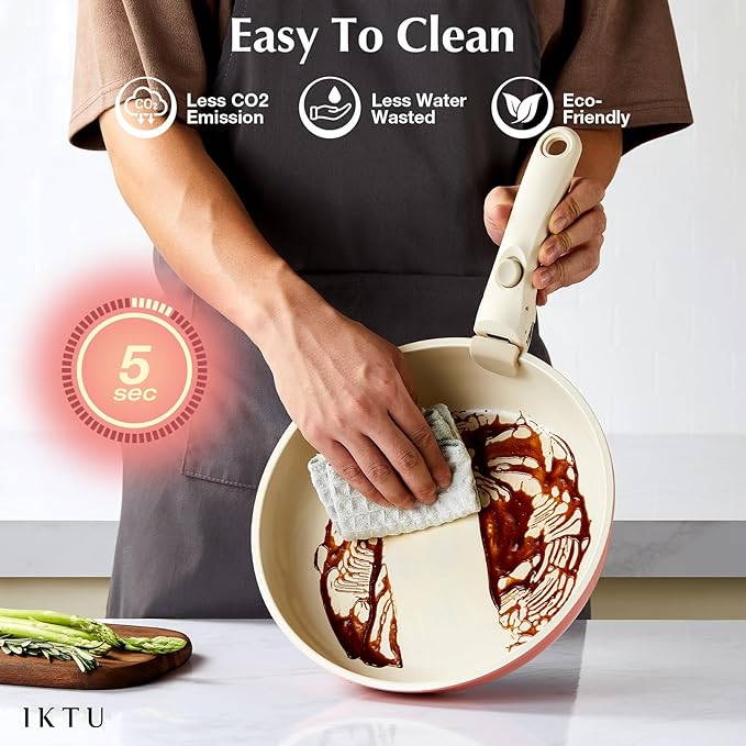 IKTU Ceramic Pots and Pans Set Non Stick Pink, 19 Pcs Nonstick Cookware Set with Detachable Handle RV Camping Induction Kitchen Cookware Set Non Stick, PFAS PFOA & PTFE Free