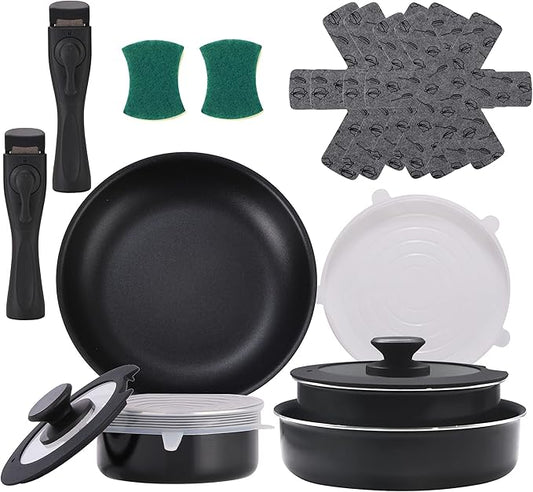 16 Pieces Kitchen Removable Handle Cookware Sets, Stackable Pots and Pans Set Nonstick for Induction Gas RVs Camping Space Saving