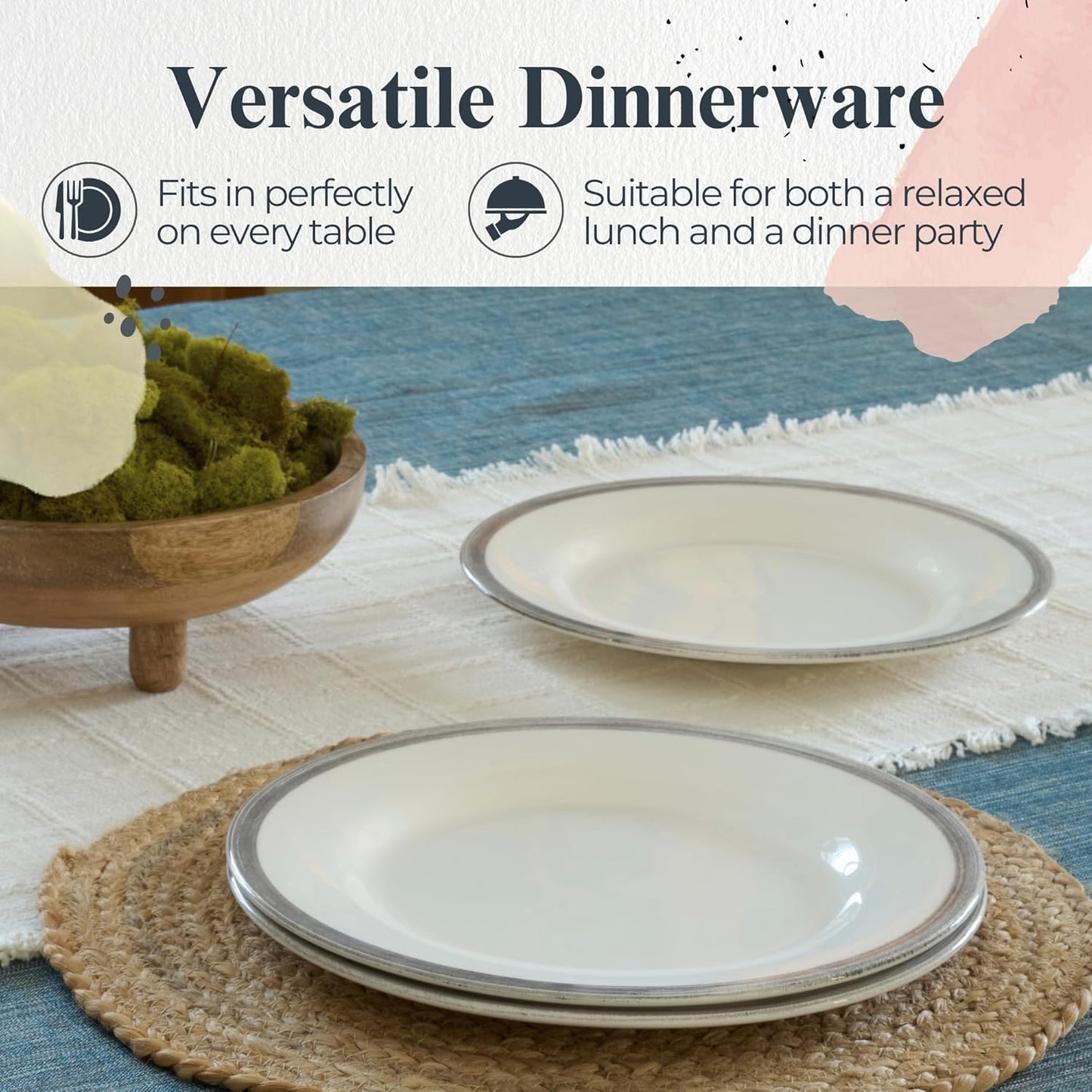 Portmeirion Potter's Brushstroke 10.5" Dinner Plate (Set of 4) - Handcrafted Earthenware Plates with Accent Rim, Microwave & Dishwasher Safe - Ideal Tableware for Modern & Traditional Dining (Grey)