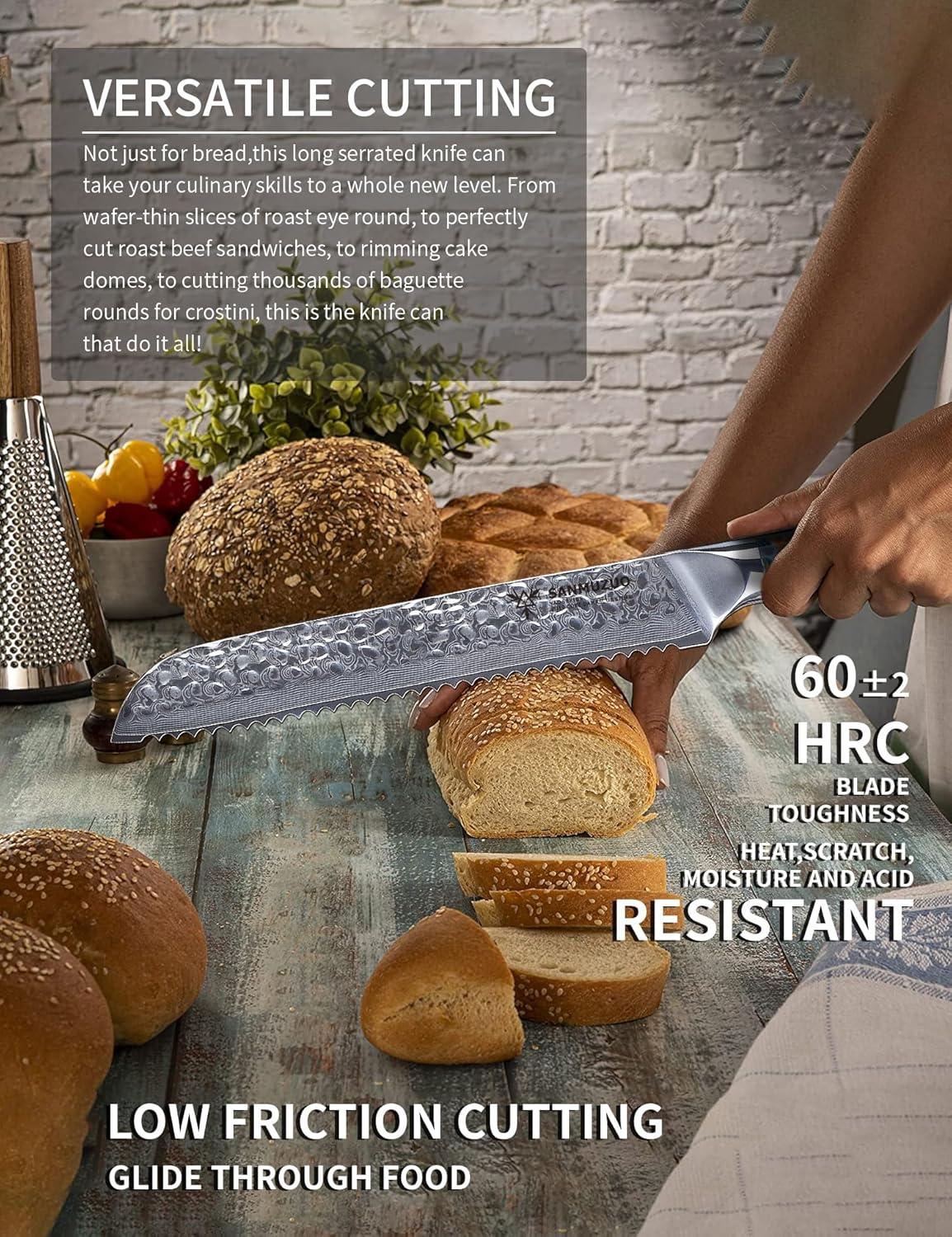 8" Bread Knife Serrated Blade- Hammered Damascus Steel & Resin Handle - Yao Series