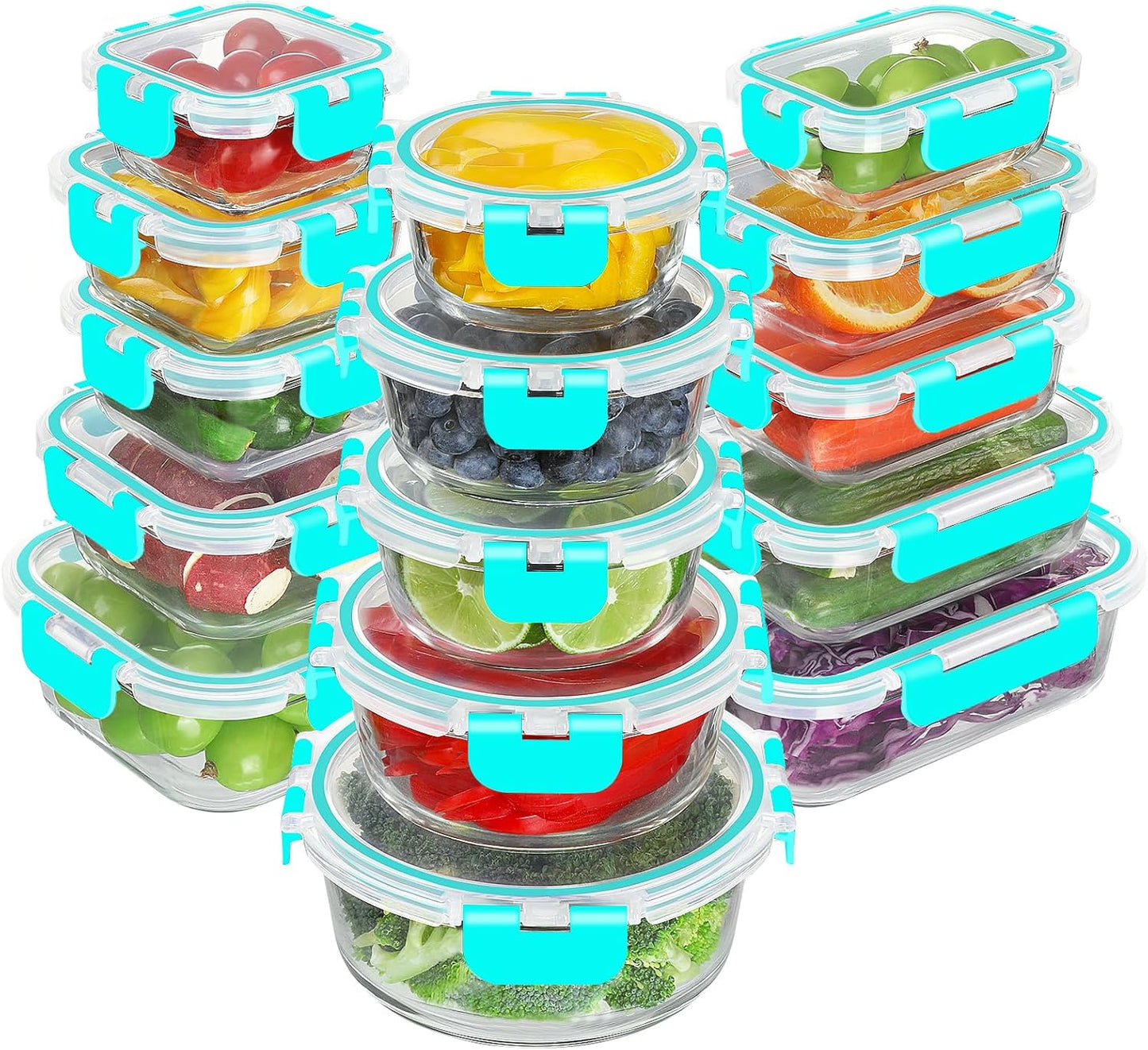 BAYZZ 30 Piece Glass Food Storage Containers Set, Glass Meal Prep Containers with Lids, Airtight Lunch Box, BPA-Free, Microwave, Freezer & Dishwasher Safe,Green