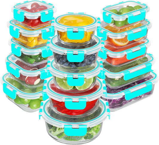 BAYZZ 30 Piece Glass Food Storage Containers Set, Glass Meal Prep Containers with Lids, Airtight Lunch Box, BPA-Free, Microwave, Freezer & Dishwasher Safe,Green
